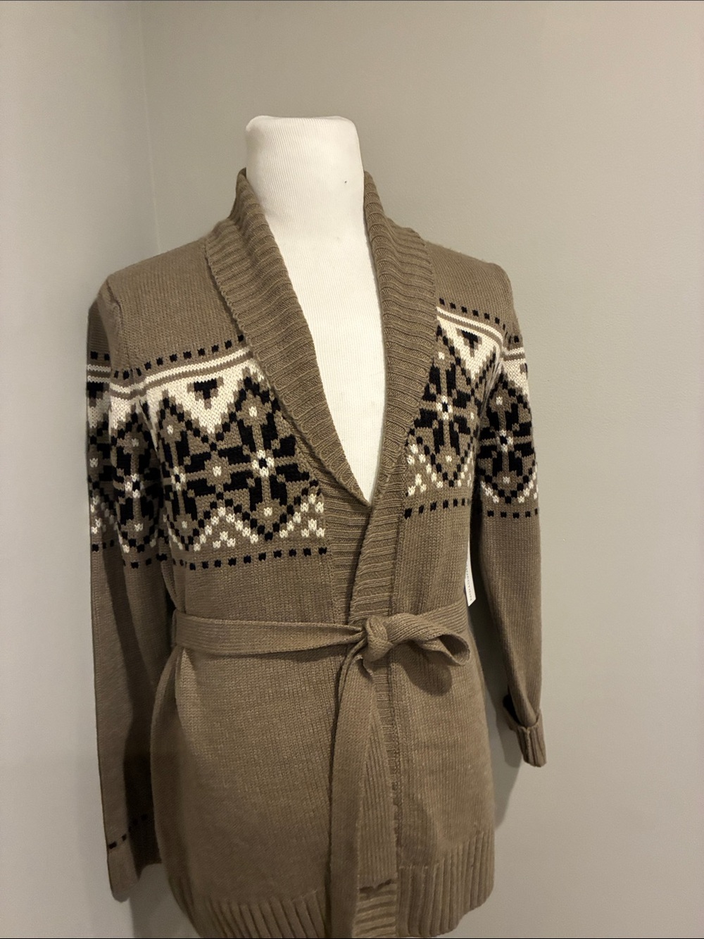 French Connection Tan Fair Isle Belted Cardigan Sweater - Picture 8 of 8